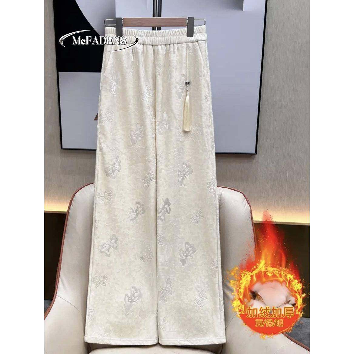 香港新中式提花丝绒阔腿裤女冬季加绒加厚高腰显瘦垂感直筒长裤子