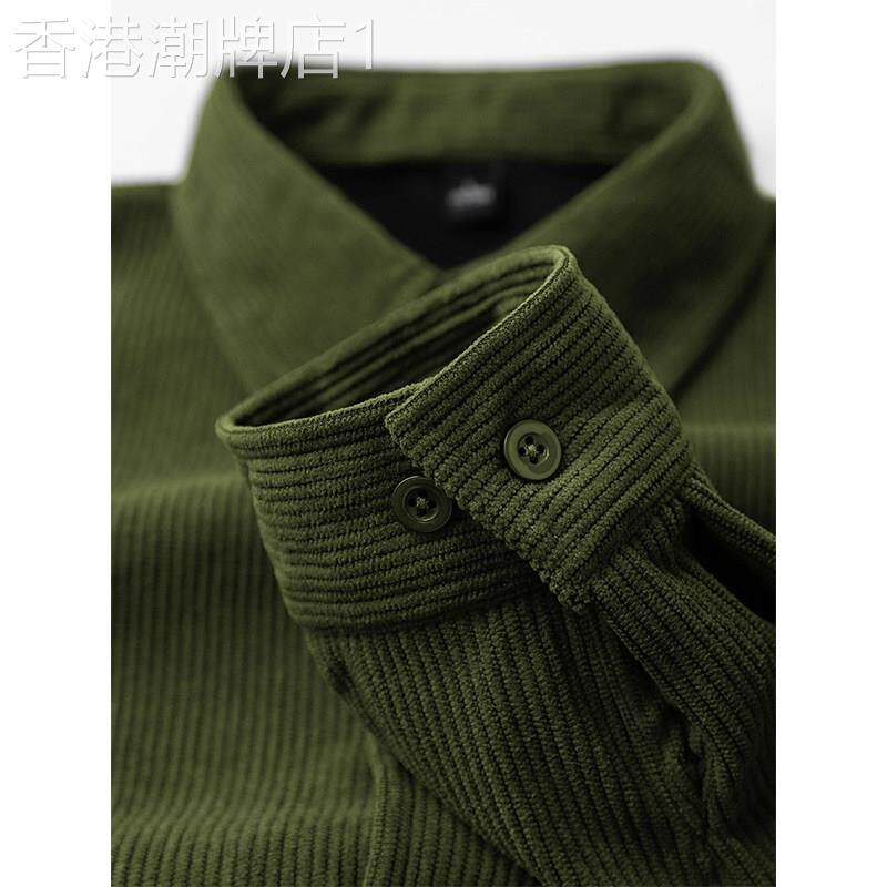 军绿色灯芯绒翻领长袖衬衫女春秋欧货日系复古宽松衬衣大码外套