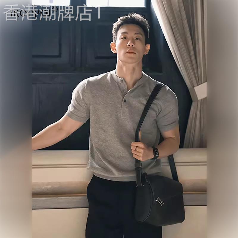 高端男士美式亨利领短袖polo衫2025夏季重磅正肩袖口收紧半袖T恤