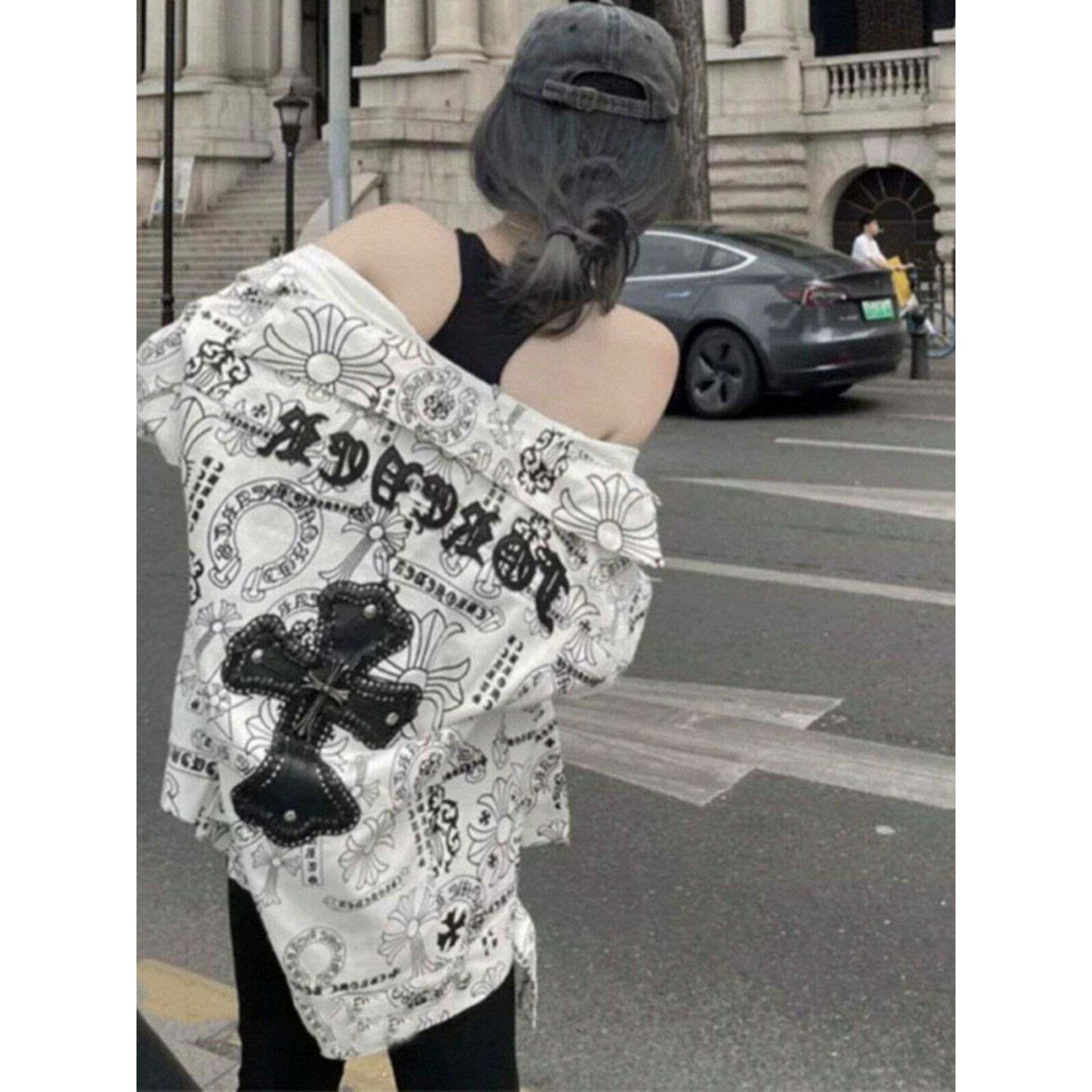 潮牌牛仔外套女春秋季欧货爆款十字架刺绣衬衫上衣设计感小众夹克