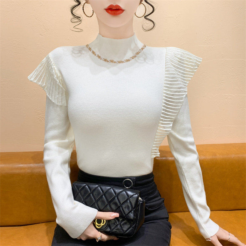 时尚钉珠高级感半高领针织衫女秋冬设计感修身内搭打底衫别致上衣