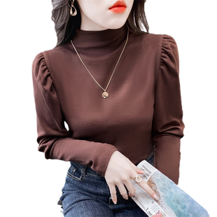 纯棉泡泡袖半高领打底衫女秋冬新款修身中领长袖T恤加厚磨毛上衣