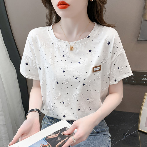 纯棉印花t恤女短袖宽松圆领上衣