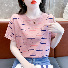 纯棉时尚短袖女士夏装新款宽松印花设计感小众粉色圆领上衣体恤衫