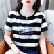 宽松体恤百搭刺绣设计感上衣服 新款 纯棉黑白条纹短袖 t恤女士夏装
