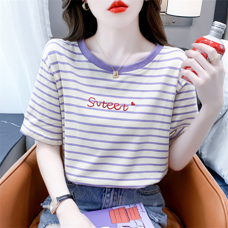 纯棉短袖时尚夏季条纹刺绣上衣女