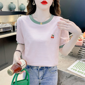 宽松休闲百搭刺绣圆领薄款 新款 上衣女 T恤女2026夏季 纯棉条纹短袖