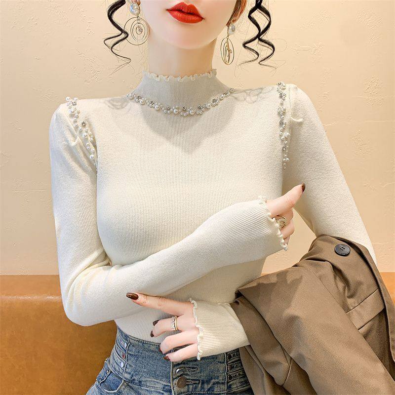 冬新款木耳边半高领杏色打底针织衫时尚重工钉珠设计感修身女长袖