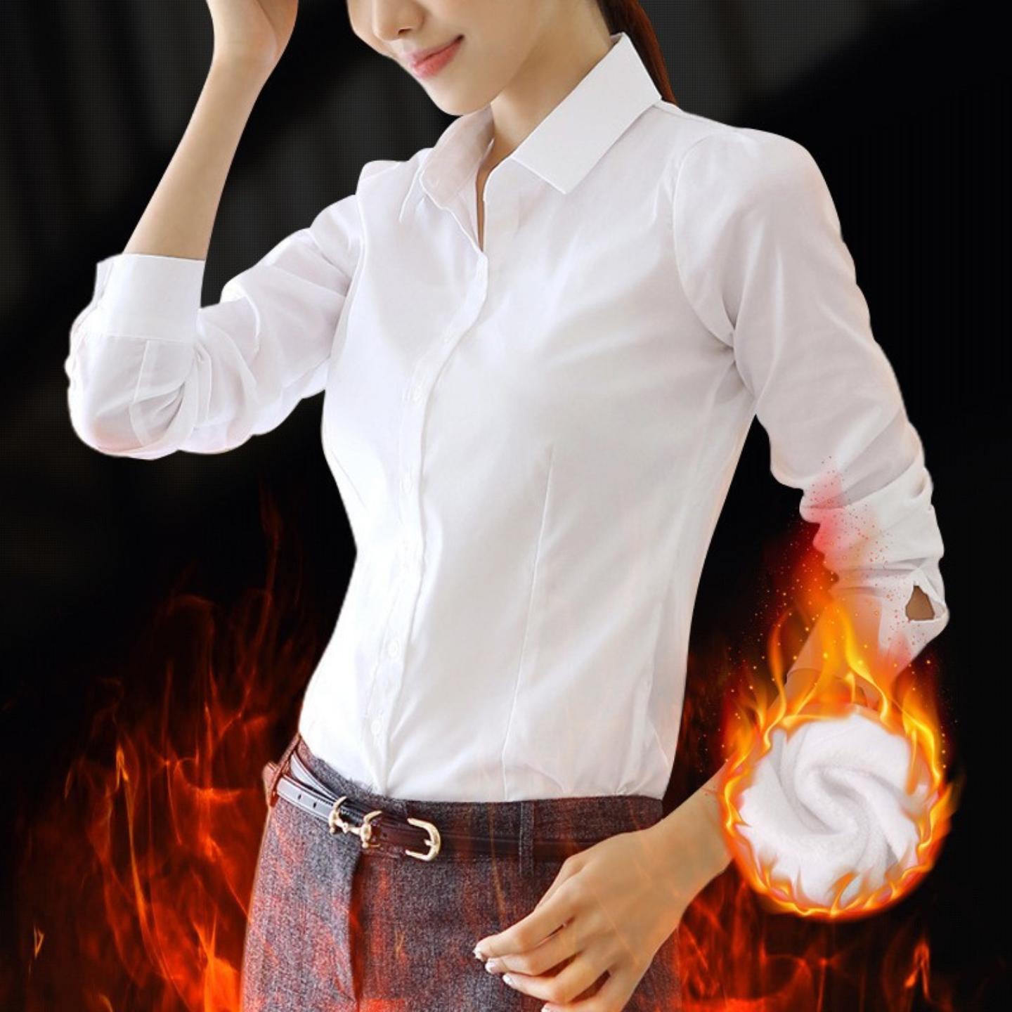 纯棉衬衫女秋冬加绒职业衬衣大码