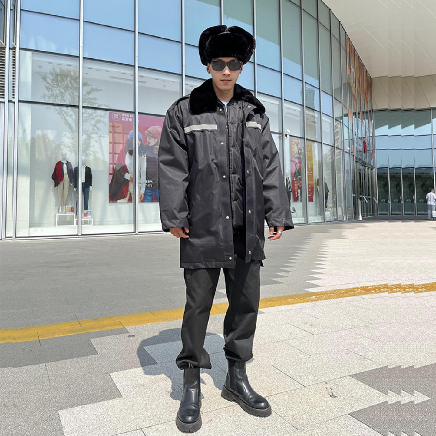 男反光黑色冬季保安大衣防寒棉