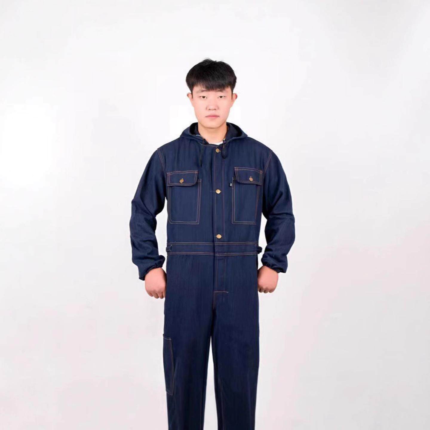 牛仔连体服带帽工作服男女防尘
