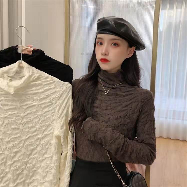 200斤外贸特大码女装速卖通亚马逊欧美风褶皱高领打底衫T恤秋冬潮