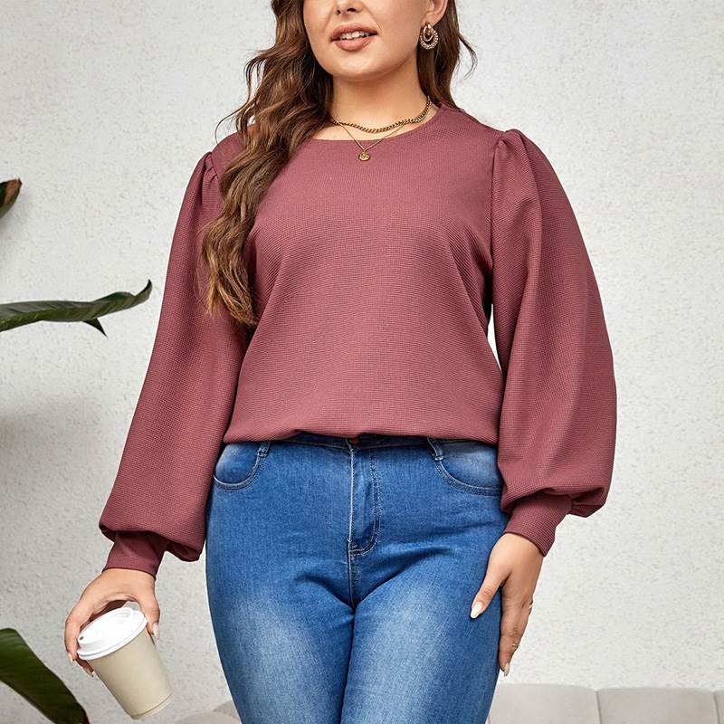 大码女装圆领长袖套头衬衫 2023 Autumn fat women casual shirts