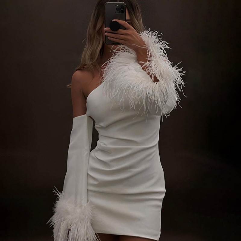 性感拼接喇叭毛毛袖短裙辣妹连衣裙女 sexy dress women