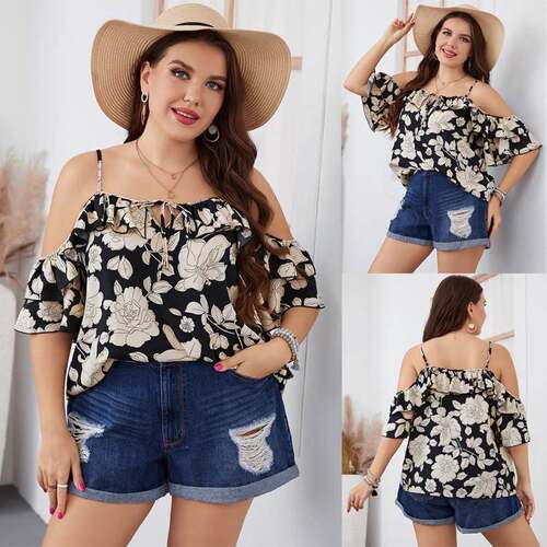 women summer suspender print chiffon big size shirt 大码吊带