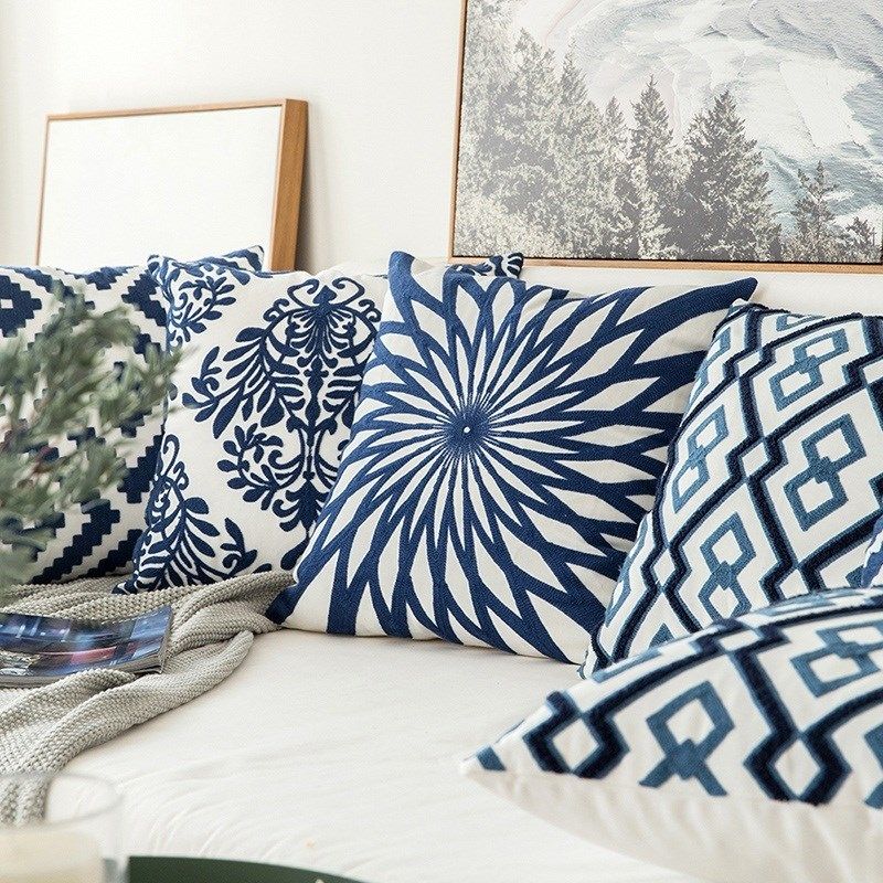 Home Decor Embroidered Cushion Cover Navy Blue/White Geomet