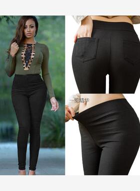 Women jeans black elastic washed denim high waist pants 2018