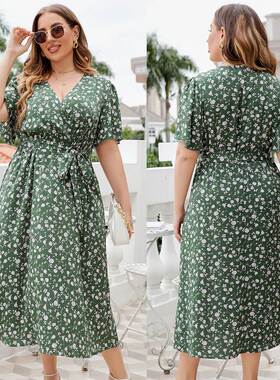 Summer V-neck floral large dress 夏季v领绿色碎花大码连衣长裙