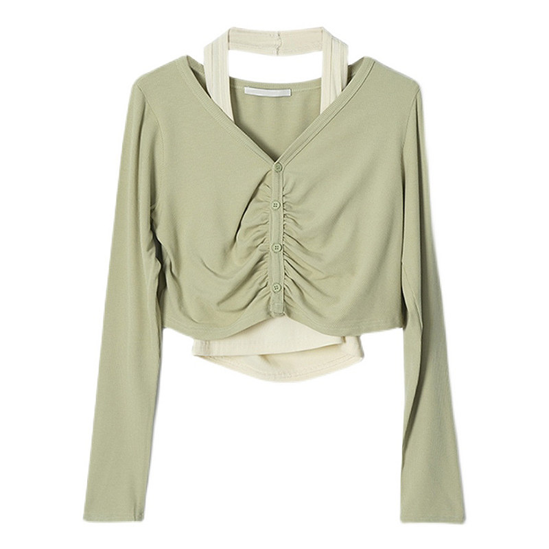 2024 신작 카운터 여성 캐주얼 투피스 티셔츠 여성 쇼트 스타일 이너웨어 봄 가을 틈새 슬림 긴팔 탑