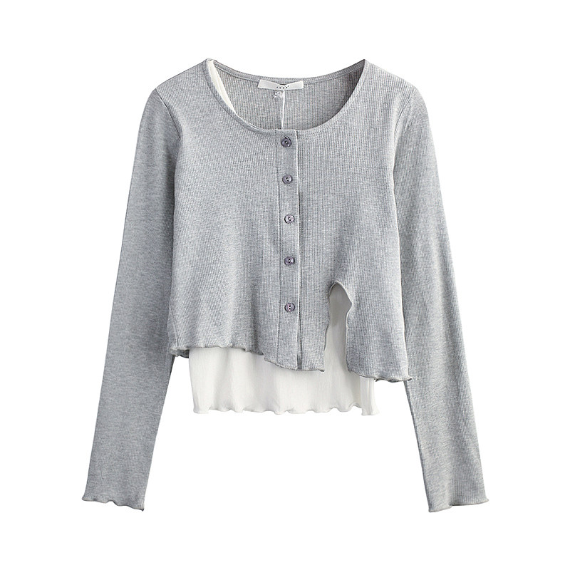 2024 신작 카운터 긴팔 티셔츠 여성 정장 이른 봄 디자인 틈새 얇은 짧은 탑 서스펜더 가짜 두 조각