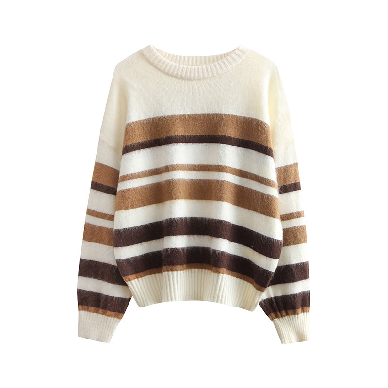 카운터 여성 의류 2024 가을 겨울 한국 스타일 게으른 스타일 라운드 넥 세련된 부드러운 밀랍 대비 스트라이프 풀오버 스웨터 탑