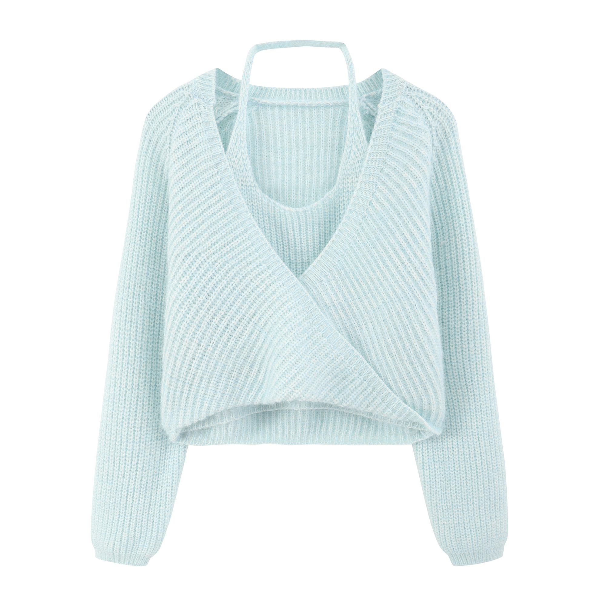 여성용 카운터 여성용 V 넥 탑 2024 봄 가을 프랑스 순수한 정욕 매력 홀터넥 가짜 투피스 짧은 스웨터