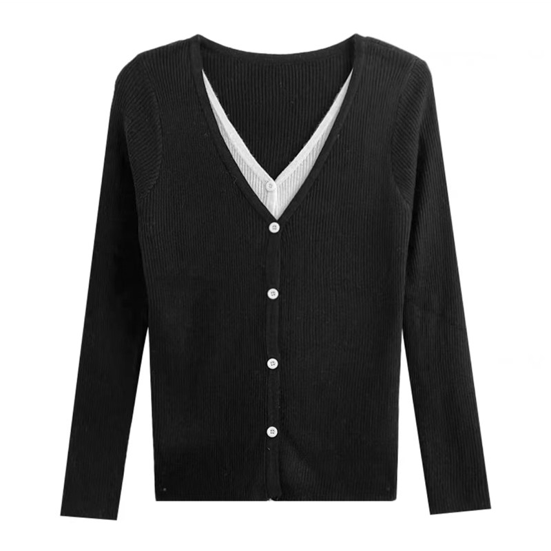 카운터 신상 2024 가을 한국판 시크한 틈새 디자인 부드럽고 밀랍 같은 솔리드 컬러 스티치 가짜 투피스 니트 가디건
