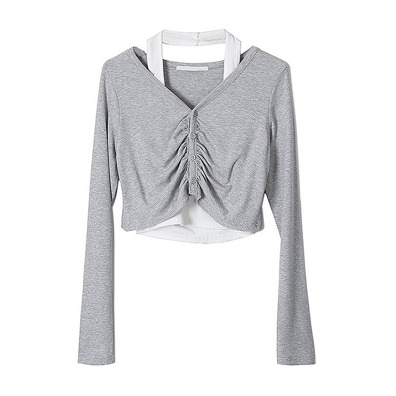 2024 신작 카운터 여성 캐주얼 투피스 티셔츠 여성 쇼트 스타일 이너웨어 봄 가을 틈새 슬림 긴팔 탑