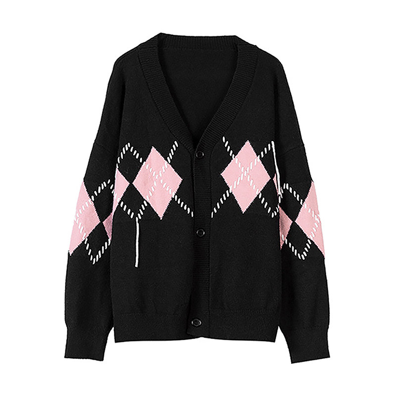 카운터 패션 스웨터 카디건 탑 가을 겨울 디자인 게으른 대학 스타일 마름모 V 넥 니트 자켓 여성용