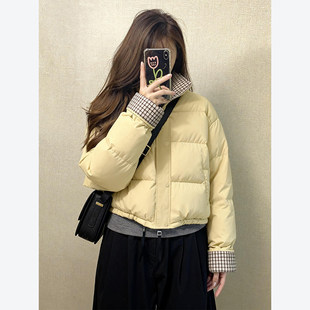 韩系黄色格子短款羽绒棉服女冬季小个子面包服独特超好看外套棉袄