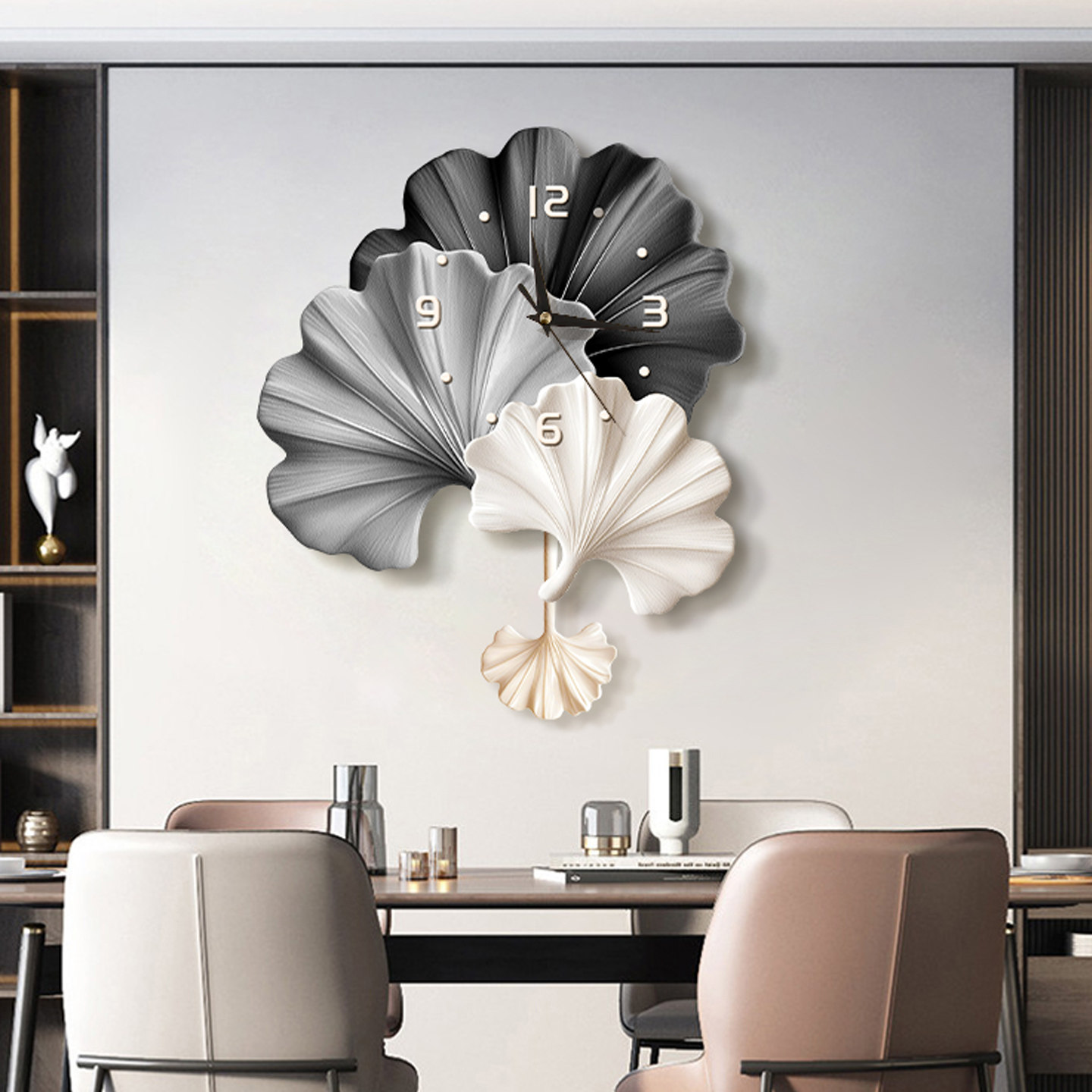 现代简约饭厅挂钟2025新款免打孔时钟挂墙创意银杏叶静音摇摆钟表,家居饰品,挂钟,淘宝优惠券,粉丝福利购,淘宝优惠卷