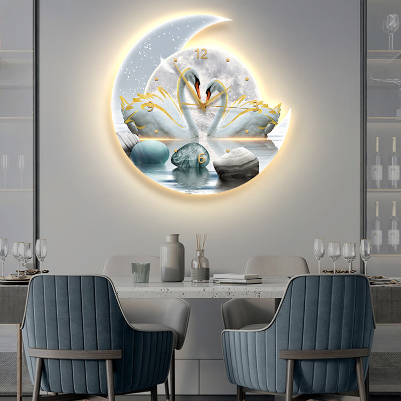 现代饭厅装饰画氛围感LED壁灯挂画餐桌画天鹅客厅电视背景墙挂钟