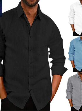 2023 summer long sleeve men's linen shirt翻领纯色长袖衬