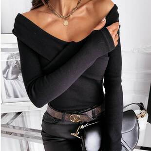 纯色T恤打底衫 修身 Women shirt 春秋新款 sexy性感露肩V领长袖
