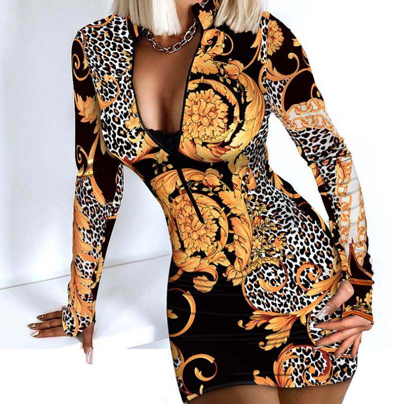 春夏新款欧美风V领拉链豹纹千鸟格修身包臀紧身长袖连衣裙女DRESS