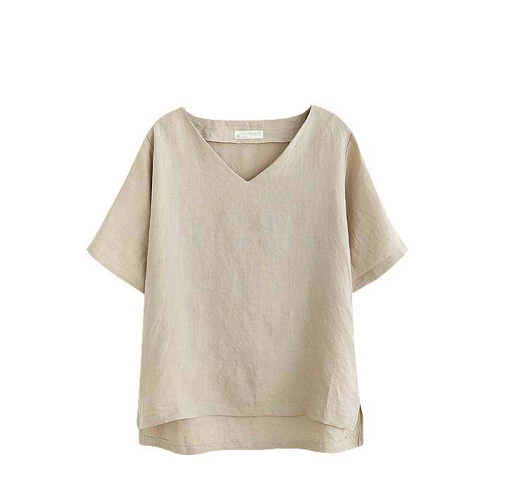 欧洲站2019夏季新款棉麻V领前短后长纯色短袖T潮 short sleeves T