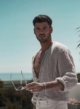 外贸男装2023夏新款欧美男士宽松立领长袖衬衣美式衬衫Men Shirts