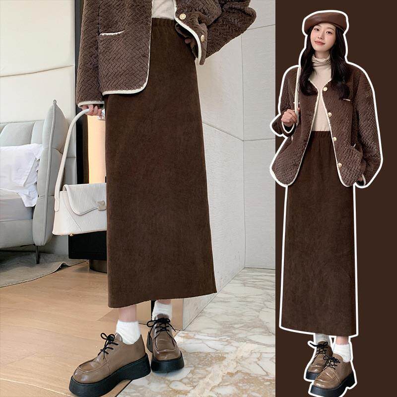 美拉德日落半身裙秋冬2026新款加绒加厚开叉包臀裙垂坠感中长裙女