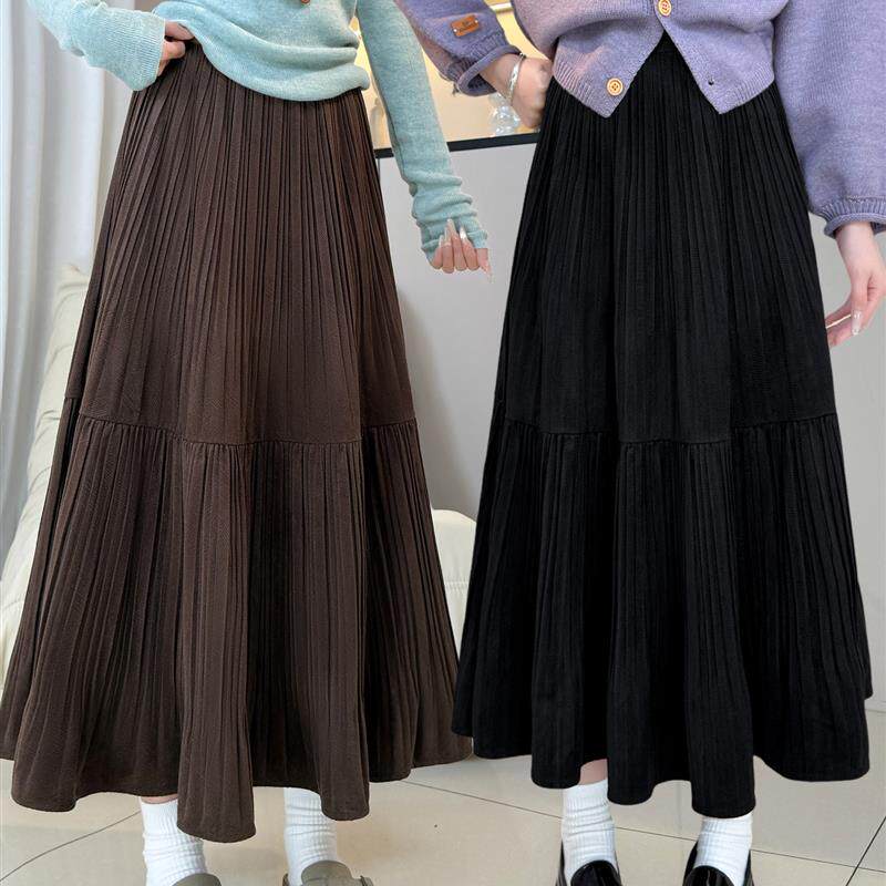 金丝绒半身裙女春秋2026新款高腰a字灰色百褶裙长裙小个子蛋糕裙