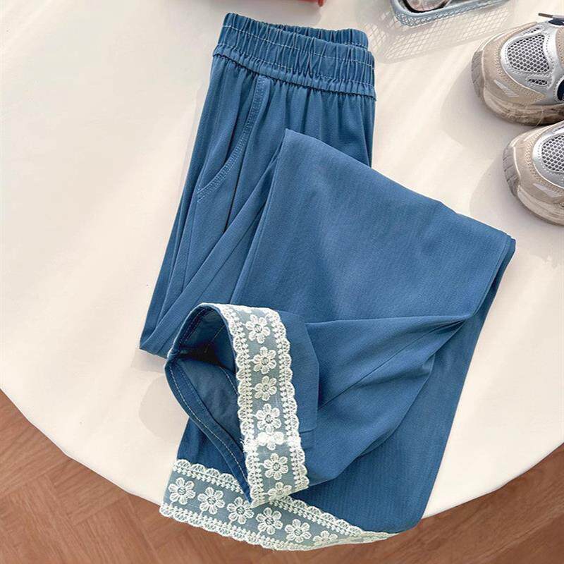 蕾丝花边牛仔阔腿裤女春秋2026新款高腰显瘦小个子九分直筒休闲裤