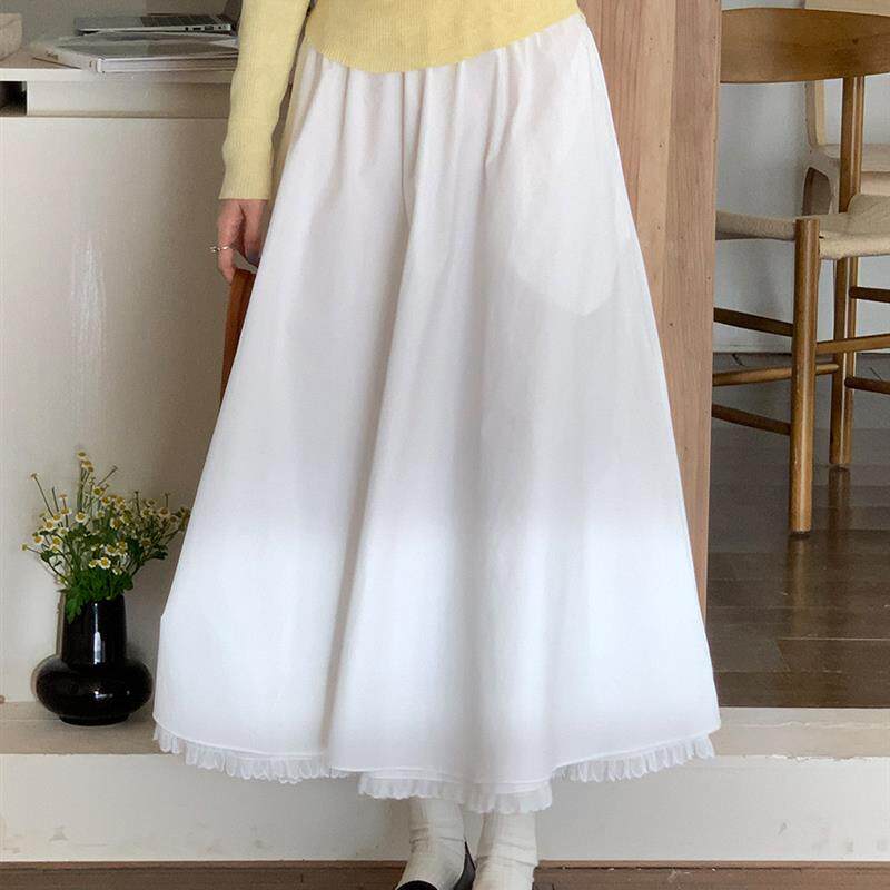 白色花边半身裙女春季2026新款韩版松紧高腰显瘦百搭棉质a字长裙
