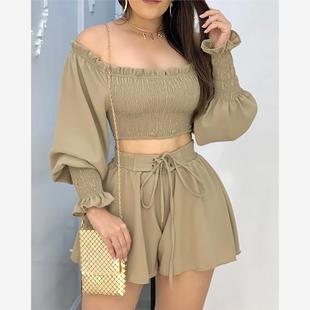 Crop Top Shorts Off 套装 Ruched Set抽褶绑带上衣短裤 Shoulder
