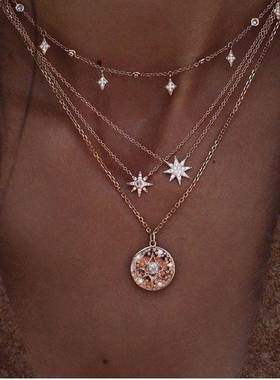 欧美多层项链女锁骨链潮网红装饰颈链夸张个性海边风旅游necklace