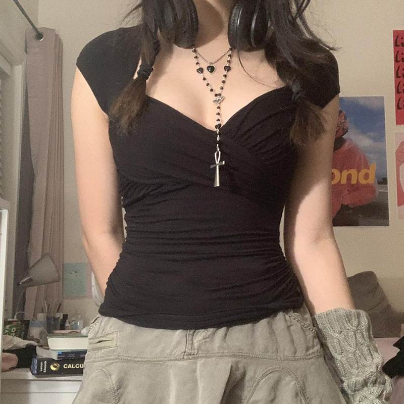 Y2K Cross Crop Top Folds Black Square Collar Women T Shirt