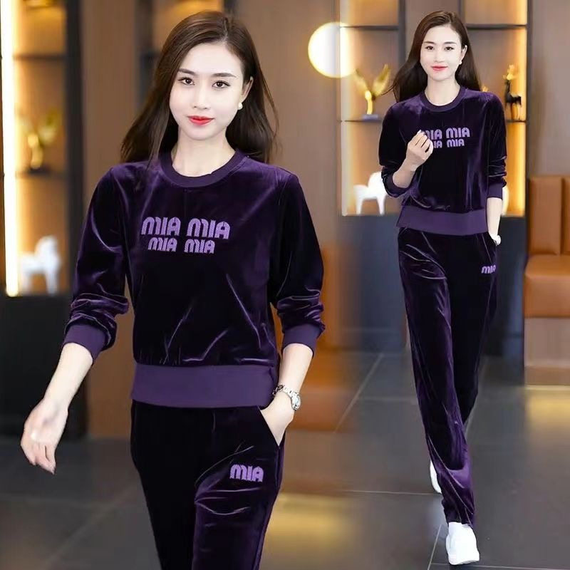 women clothes金丝绒运动服套装女春季新款高贵洋气圆领刺绣卫衣