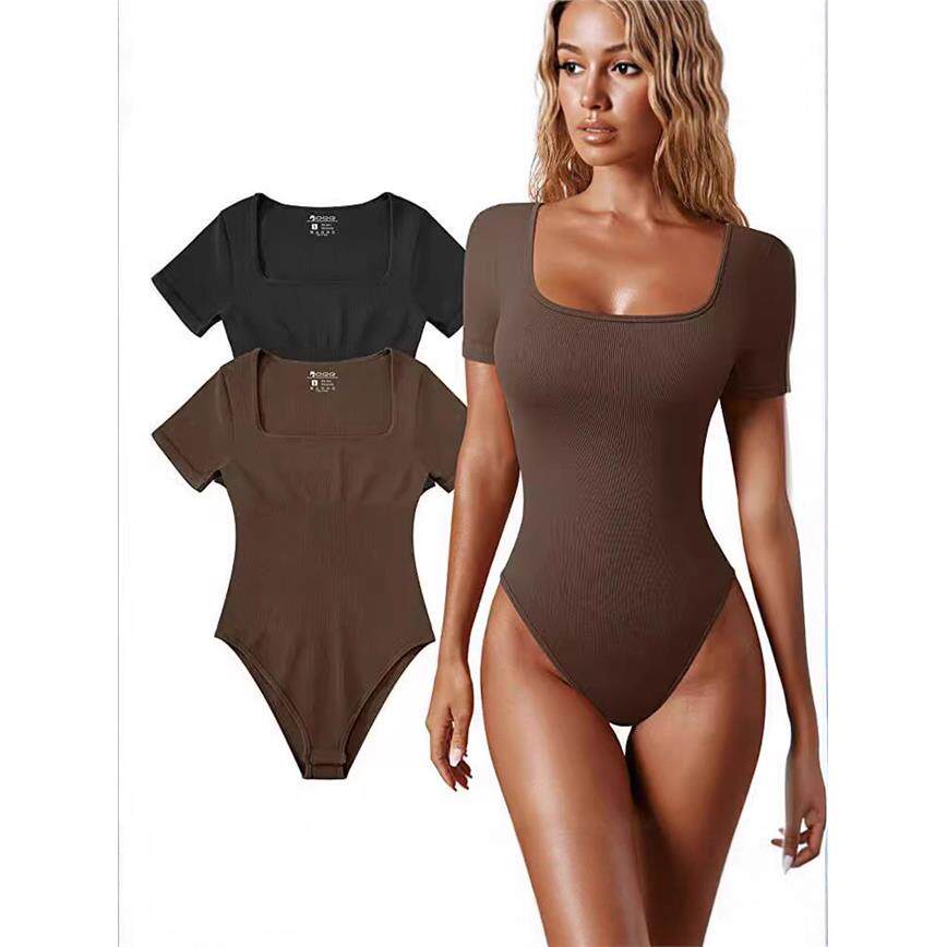 women clothes女装夏坑条方领短袖紧身连体衣性感辣妹百搭高腰塑