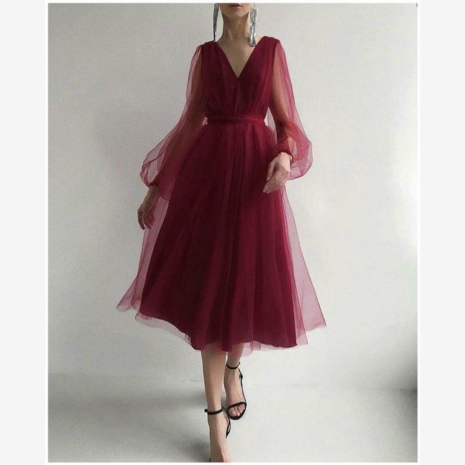 性感深V网纱泡泡长袖连衣裙显瘦收腰礼服 伴娘裙日常可穿仙气覆古