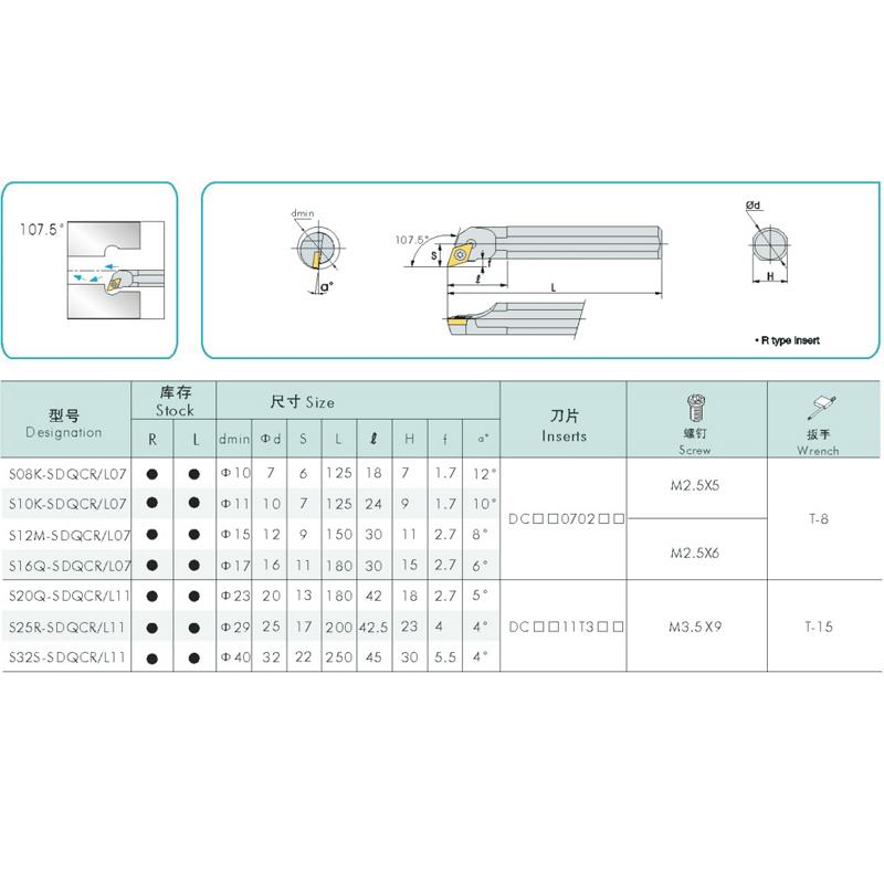 三韩107.5度螺钉式内孔车刀杆S20Q/S25R/S32S-SDQCR/SDQCL11抗震