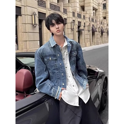 日本品质miu系复古水洗拼接短款假两件牛仔夹克男秋宽松休闲美式