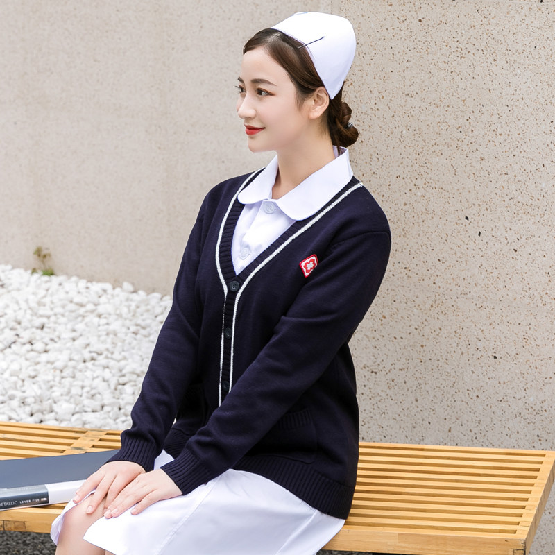 护士毛衣女外套开衫纯色藏蓝色护士服针织衫v领秋冬季加绒加厚